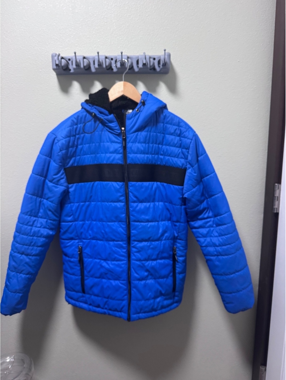 New Balance Men’s Medium Blue Quilted Puffer Jacket Sherpa Lined Hooded Coat
